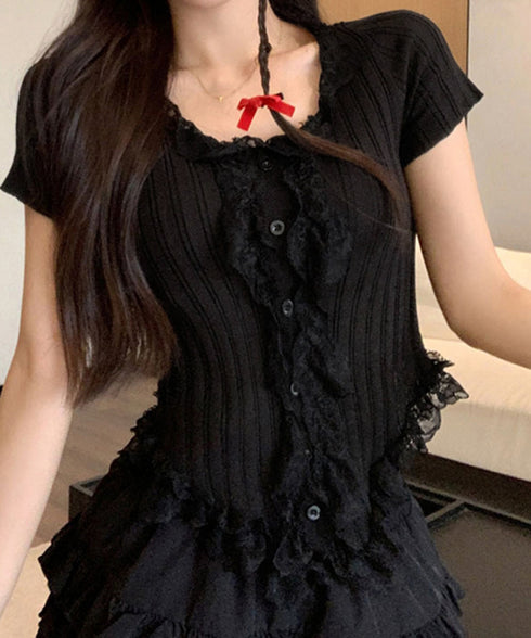 レースフリルニットトップスショート丈夏服 サマーニットレディース ラッフルレースニットソー 甘めコーデ お洒落 コンパクト タイトニット 半袖ニットTシャツ韓国風 6SENZHU-001